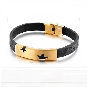 Detail of punk leather bracelet with gold stainless steel star cutout plate and dimensions