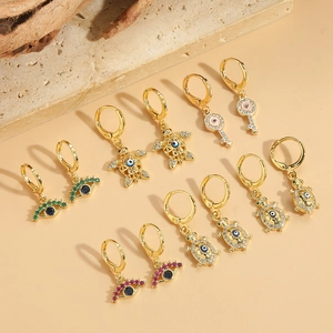 Vintage Copper Zirconia Turtle Evil Eye Dangle Earrings For Women Gold Plated Bohemian Animal Key Charm Earring Jewelry