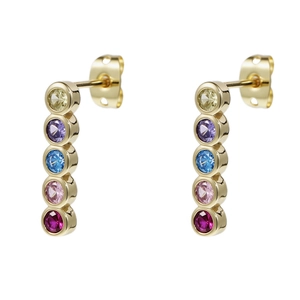 Detail of gold studs featuring five vibrant round colorful cubic zirconia stones