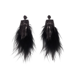 Boucles d'oreilles bohèmes noires à longues plumes et clous ronds perlés
