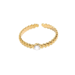 Gold plated stainless steel twist ring with a round zircon stone and open-end design