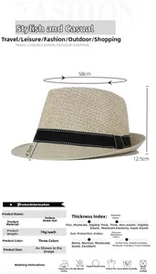 Detailed sizing chart and specifications for a breathable straw fedora sun hat