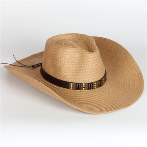 Herren-Strohhut im Western-Stil mit braunem Lederband und breiter Krempe