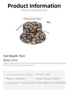 Detailed sizing chart for floral print bucket hat showing circumference and depth dimensions