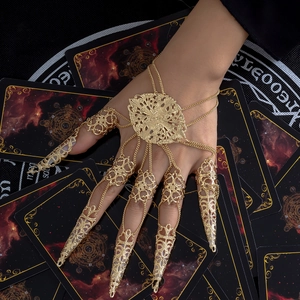 Gothic gold finger nail armor bracelet with vintage floral carving and tassel chains
