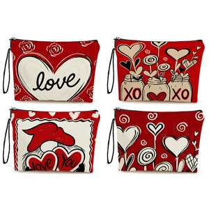 Heart Print Cosmetic Bag Linen Zipper Makeup Pouch With Wristlet For Travel Daily Storage Love Gnome Theme