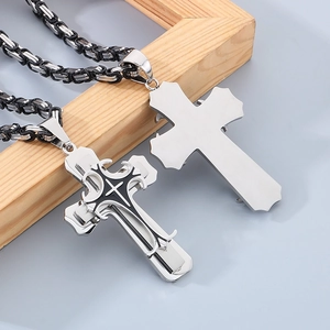 Mens stainless steel multi-layer cross necklace with black enamel and polished king chain