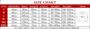 Spider web print hoodie size chart with shoulder, bust, length and sleeve measurements