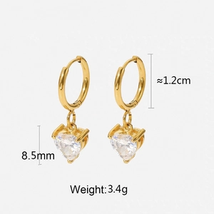 Detail showing dimensions of golden heart hoop earrings with clear cubic zirconia