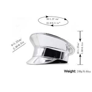 Detailed size guide of silver laser PU leather captain hat with exact measurements