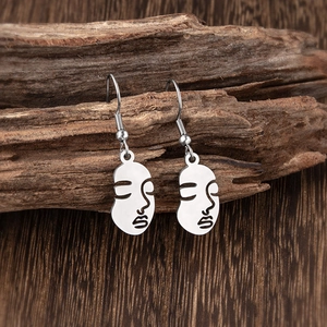 Modern abstract face outline drop earrings in silver stainless steel finish