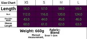 Detailed size guide table for women's faux fur jacket with length and bust measurements