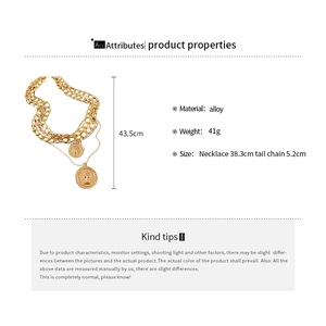 Detailed size and material specs for multilayer gold coin necklace with Cuban chains