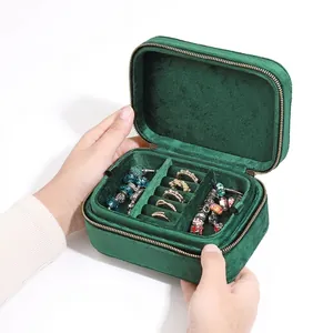 Portable Jewelry Storage Box Velvet Tweed Multi Compartment Zipper Case Travel Organizer For Rings Earrings Necklaces