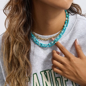 Classic 18K gold plated stainless steel multi-layered necklace with turquoise beads charm