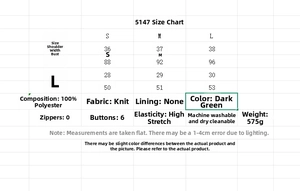 Size chart for model 5147 knitted jacket with bow detail in dark green color