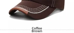 Detail of coffee baseball cap brim featuring brown leather piping and contrast wave stitching