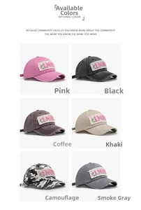 Detailed view of six colors of distressed camouflage baseball caps with #1MU embroidery