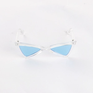Top view of triangular cat sunglasses with blue lenses and transparent resin frames