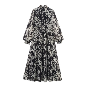 Bohemian black and white print maxi dress with high neck and elastic waist
