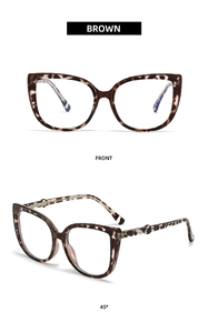 Detailed front and side views of tortoiseshell cat-eye anti-blue light glasses frames