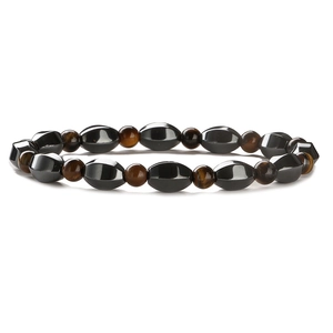 Handmade beaded bracelet with natural tiger eye and polished hematite oval stones