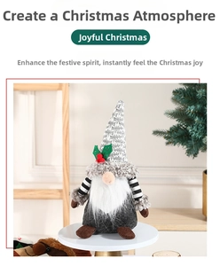 Detail of Christmas gnome plush with gray knit hat, red berries, and white beard