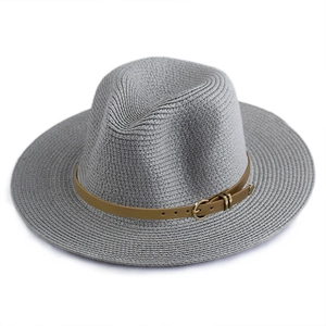 Classic grey wide brim panama straw hat with brown faux leather band and metal buckle