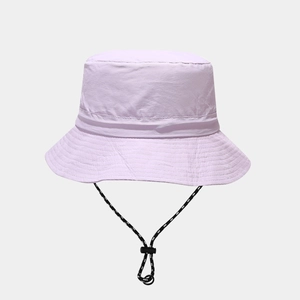 Detail of lavender sun hat with adjustable polka dot windproof drawstring and sturdy stitching