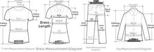 Detailed size guide for dresses, shirts, and pants with precise measurement instructions