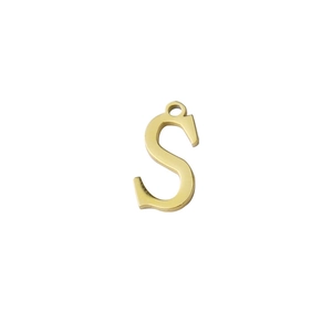 Detailed view of polished golden letter S pendant with a connecting ring for DIY jewelry