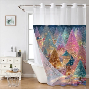 Detail of colorful dream forest pattern on waterproof polyester fabric shower curtain