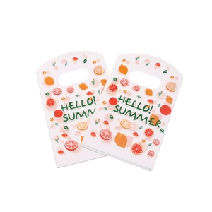 Detail of mini 9x15cm plastic gift bags with summer fruit prints and Hello Summer text