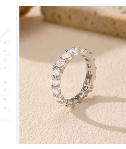 Detail view of s925 sterling silver eternity band featuring brilliant square cut cubic zirconia