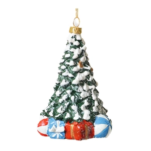 Christmas tree ornament with snow texture and colorful gift boxes on white background