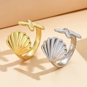 Ocean theme sea shell and starfish open rings in gold and silver stainless steel