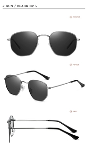 Three perspectives of gunmetal sunglasses with black lenses and full metal frames
