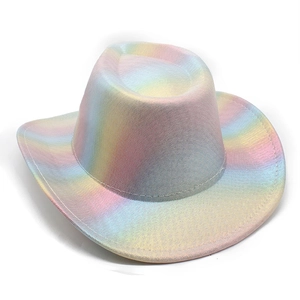 Detailed close-up of colorful rainbow gradient texture on a metallic western cowboy hat