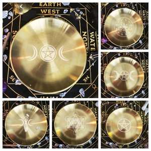 Golden 14cm triple moon pentagram altar candle holder plate for tarot meditation rituals