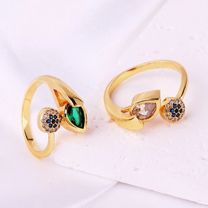 Golden adjustable open rings with green teardrop gemstones and cubic zirconia accents