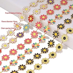 10mm colorful daisy enamel flowers on a stainless steel chain for DIY jewelry making
