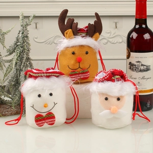 Christmas Drawstring Gift Bags Flannel Knit Fabric Cartoon Santa Snowman Reindeer Candy Pouches Holiday Party Ornaments