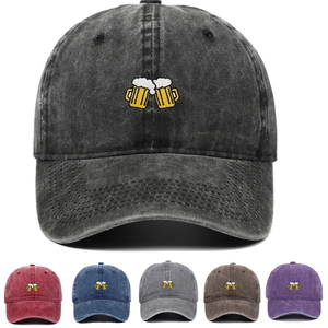 Washed Cotton Baseball Cap Vintage Distressed Dad Hat With Beer Glasses Cheers Embroidery Adjustable Metal Buckle Casual