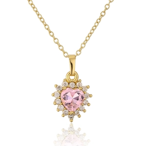 18K gold plated necklace featuring a pink heart-shaped zircon pendant with halo stones
