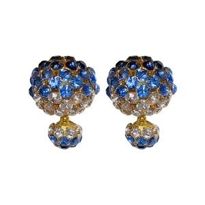 French vintage gradient blue rhinestone ball earrings with golden metal finish
