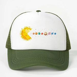 Adjustable mesh trucker hat with green brim and creative solar system galaxy print