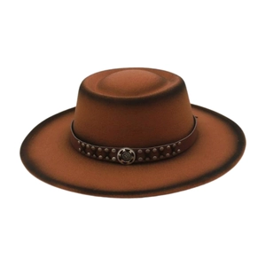 Retro brown wide-brim wool felt jazz hat with leather band and vintage rivet details
