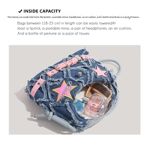 Internal view of a Y2K denim crossbody bag with pink star patch showing daily essentials