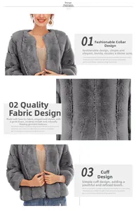 Detailed close-up showing thick grey faux fur texture and round neck of a short coat