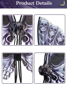 Detail view of gothic butterfly wings with skull patterns and fabric rose decorations